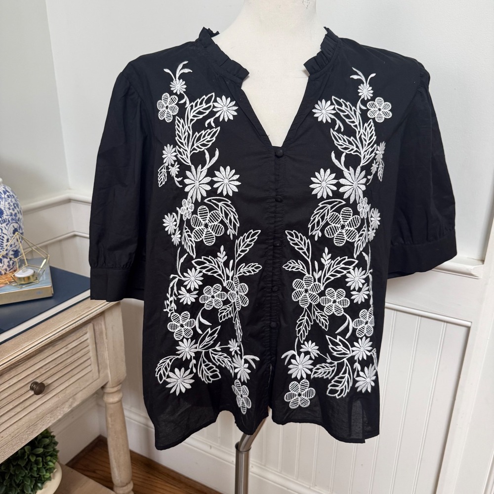 Calypso St Barth Black Embroidered Floral V-Neck Ruffle Collar Cotton Blouse XL